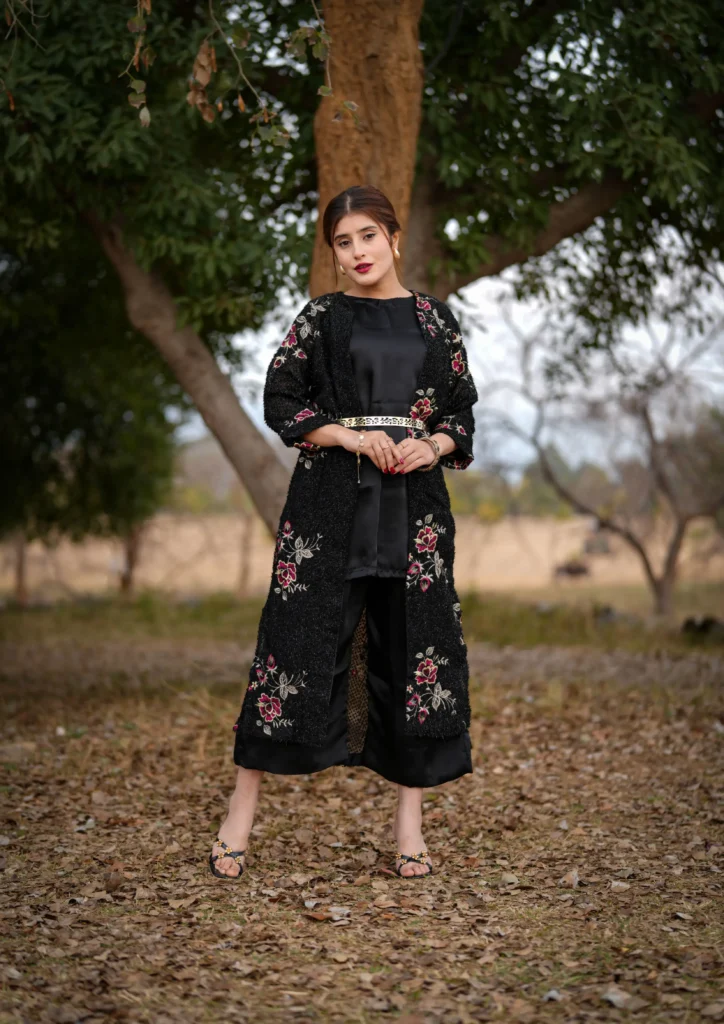 Black textured embroidered gown